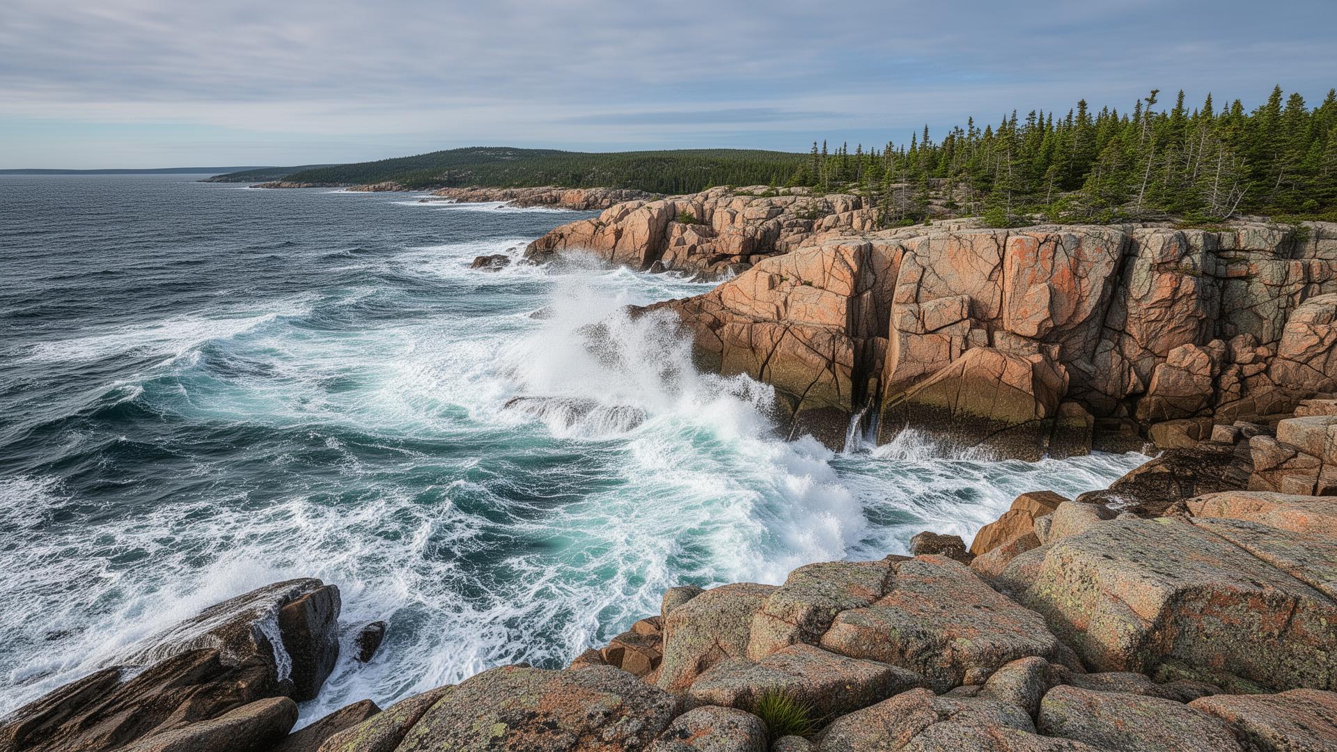 Acadia National Park Maine rocky coastline with ocean waves crashing on granite cliffs