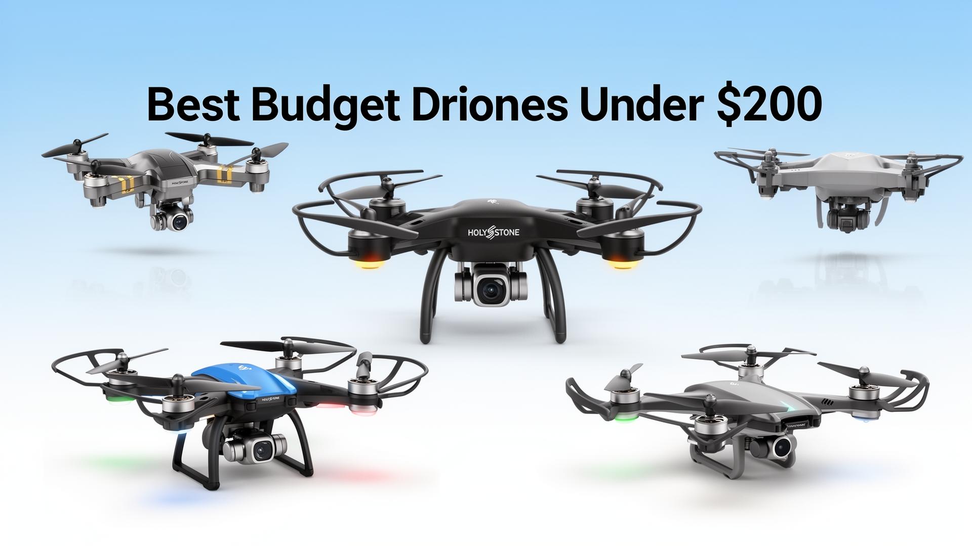 Collection of budget drones under $200 including Holy Stone and beginner-friendly quadcopters