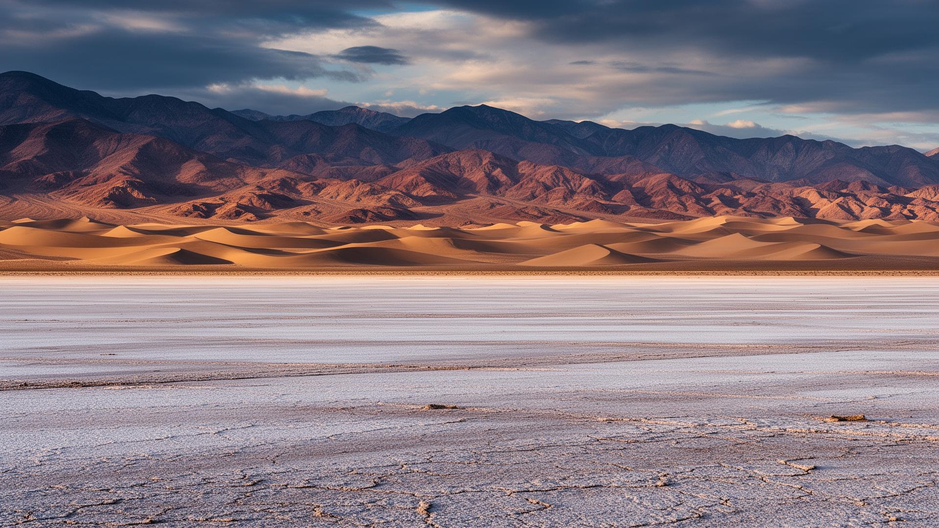 Death Valley National Park salt flats sand dunes and distant mountains landscape
