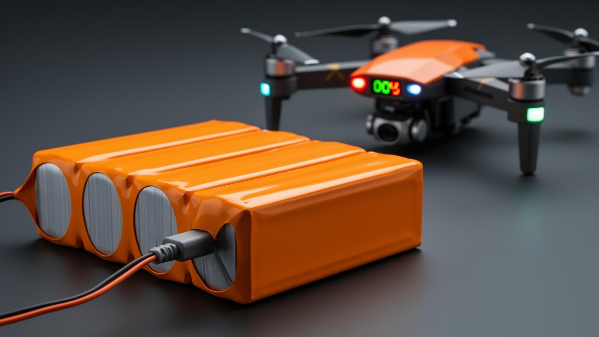 Drone LiPo lithium polymer battery technology with charging indicators and quadcopter