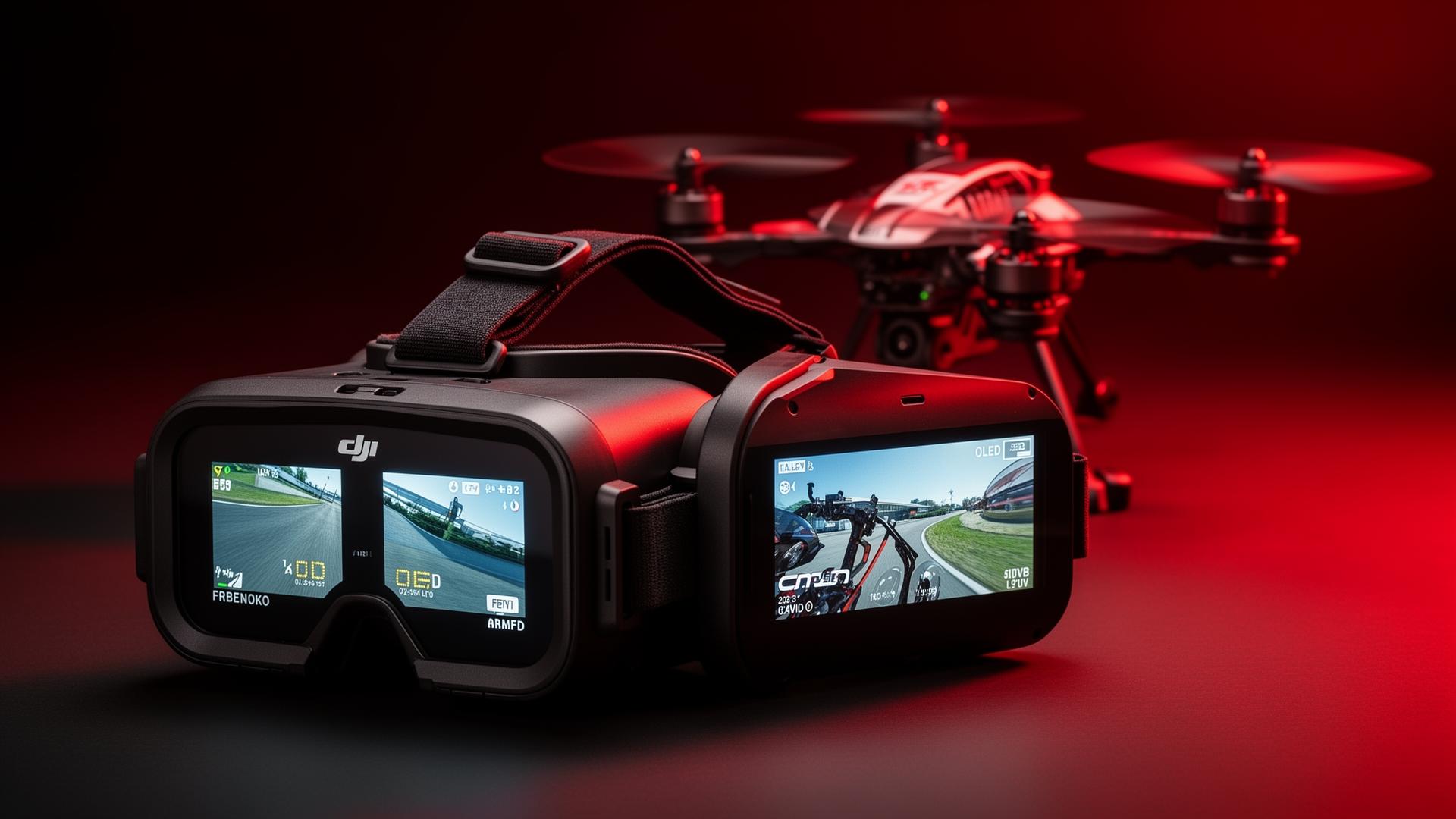 FPV goggles with OLED screens and racing drone for first-person view flying experience