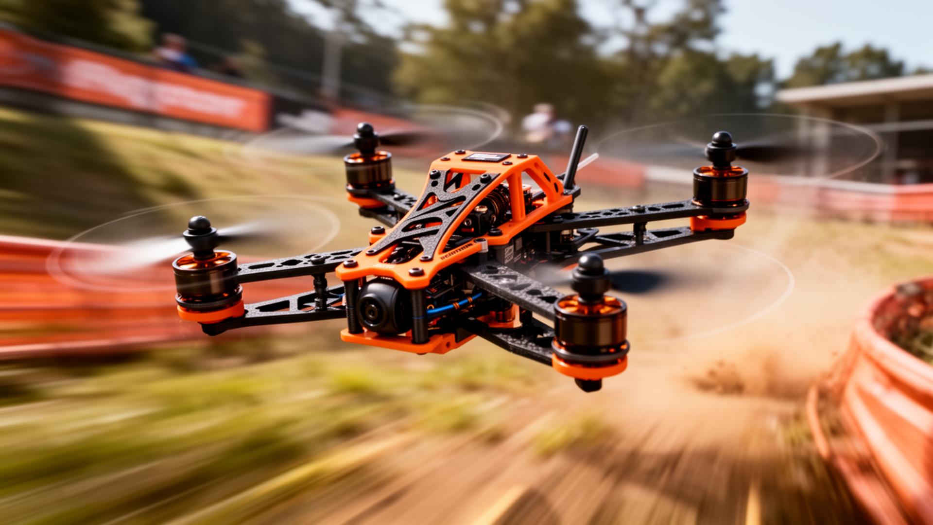 FPV racing drone in high-speed flight with carbon fiber frame and brushless motors