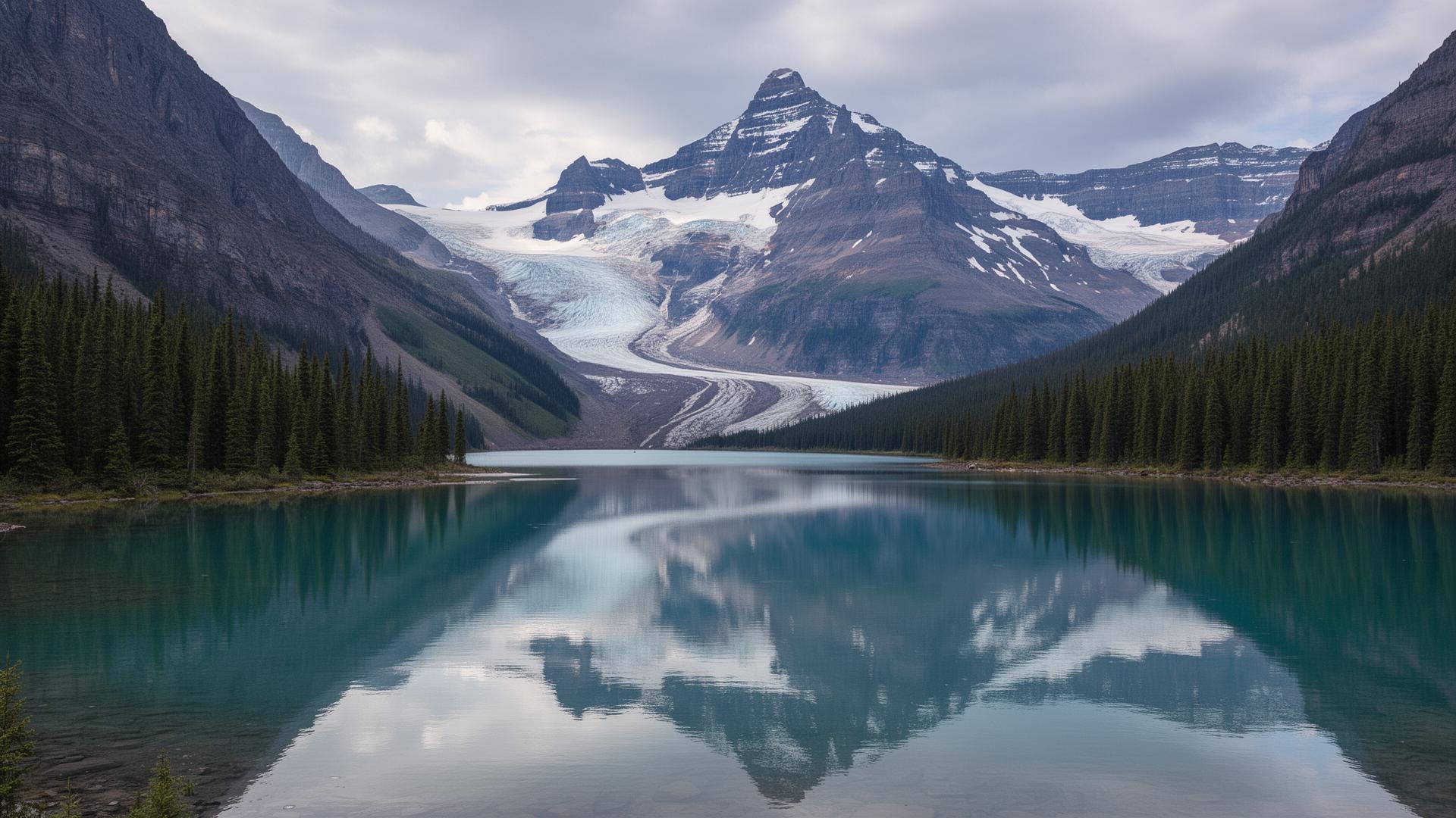 Glacier National Park Montana glacial lake with snow-capped peaks and pine forests