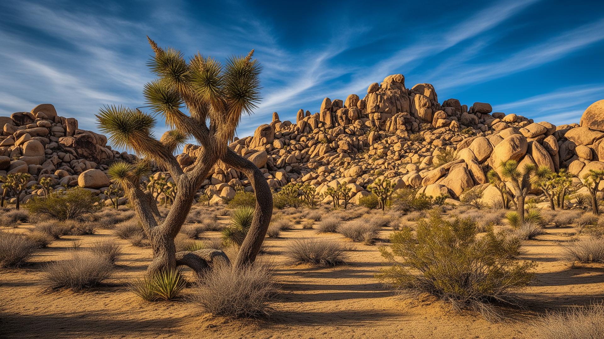 Joshua Tree National Park twisted trees and boulder formations in Mojave Desert