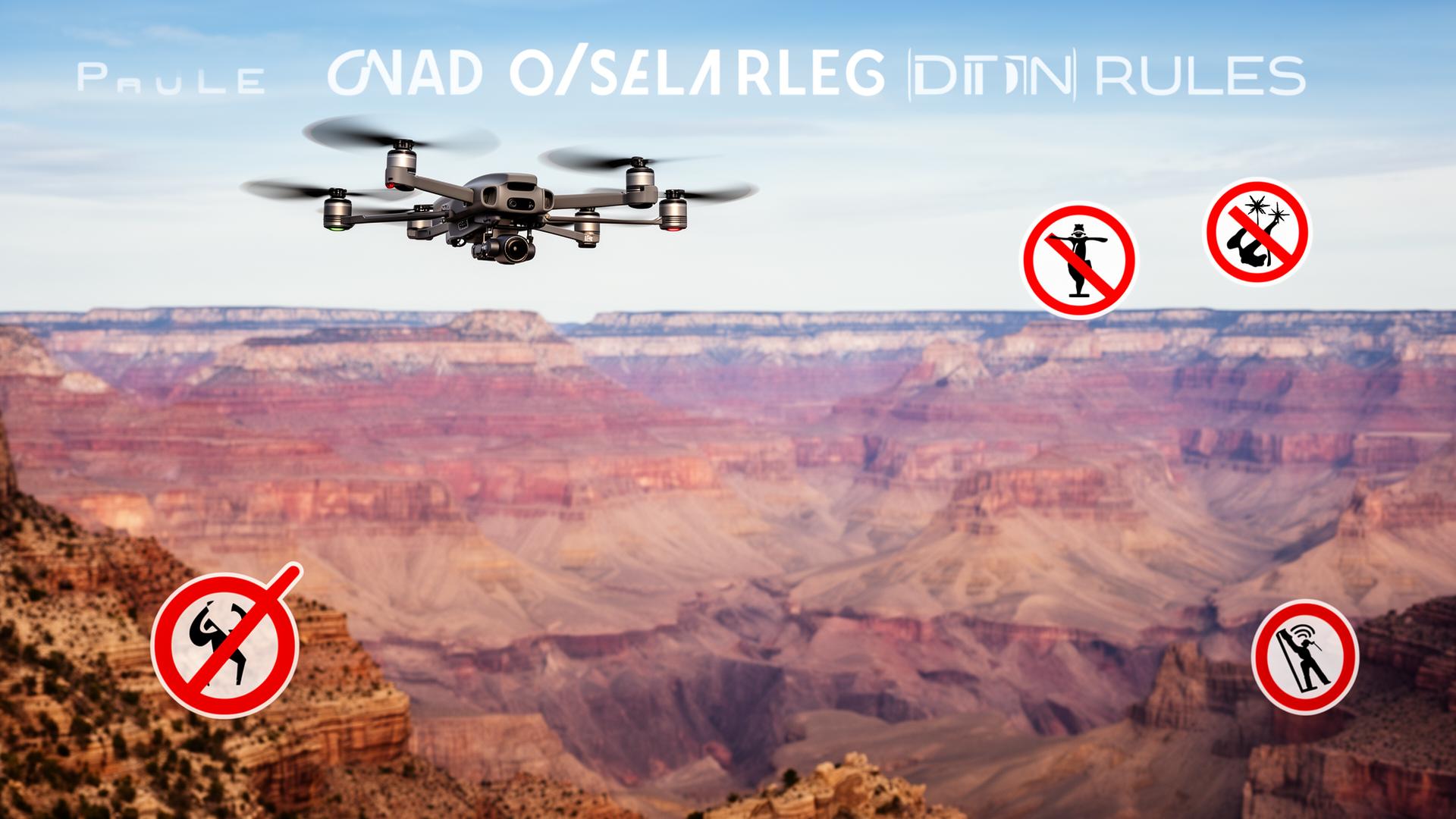 Drone flying near Grand Canyon with restriction warning symbols illustrating National Park drone rules