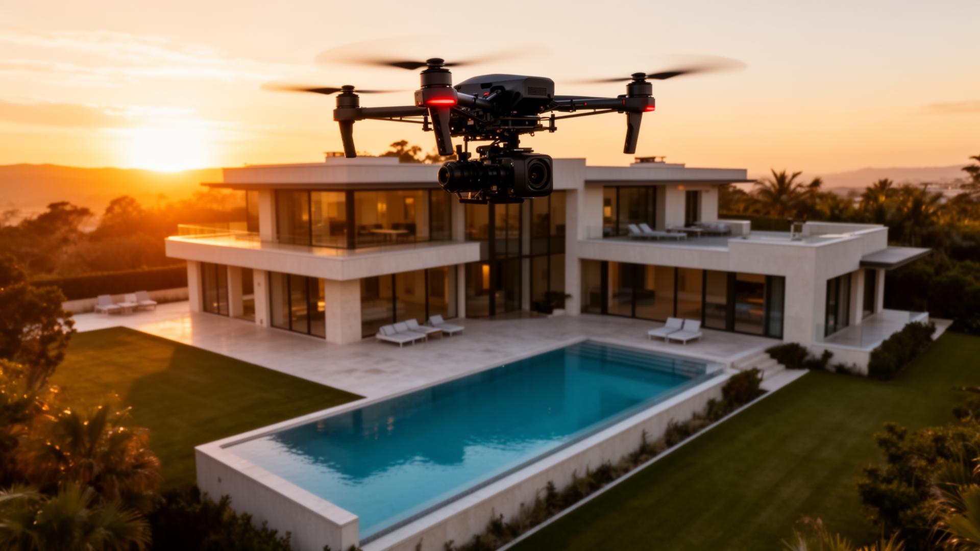 Professional drone flying over luxury real estate property capturing aerial photography at golden hour