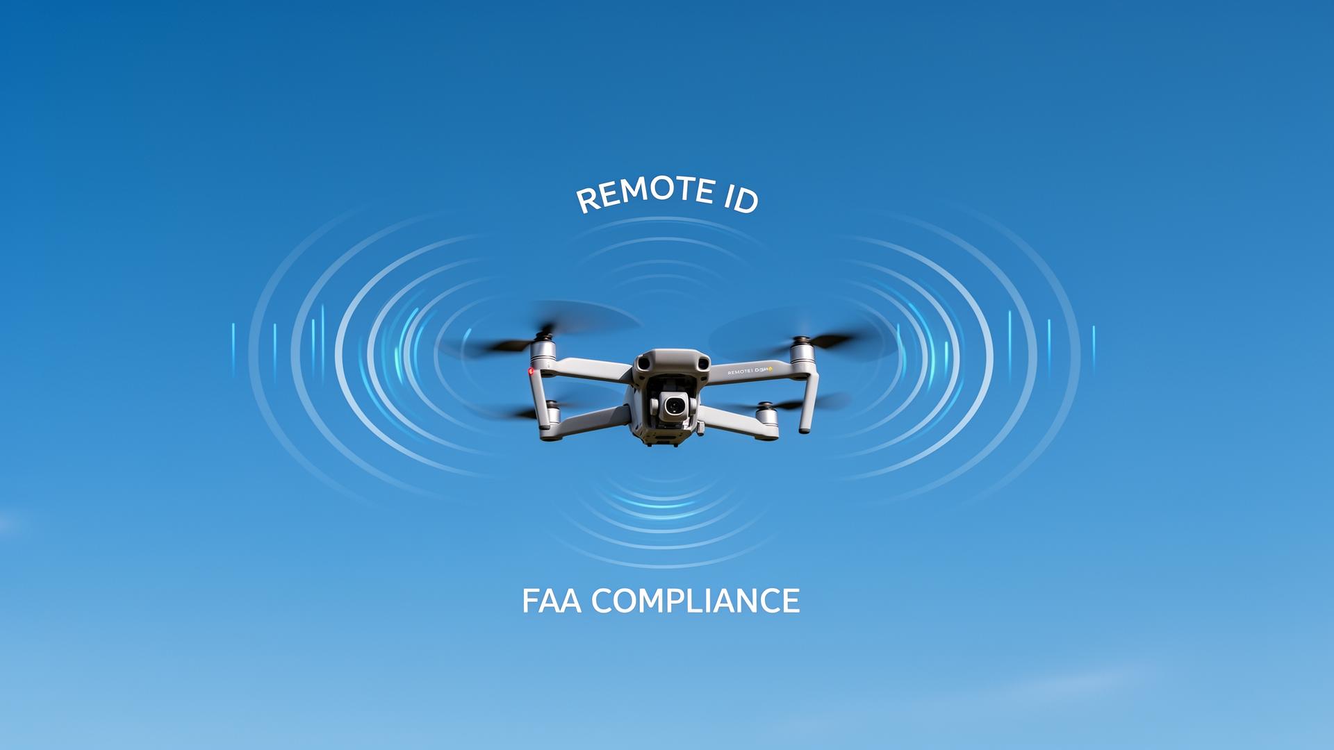Drone broadcasting FAA Remote ID signal in flight showing compliance requirements