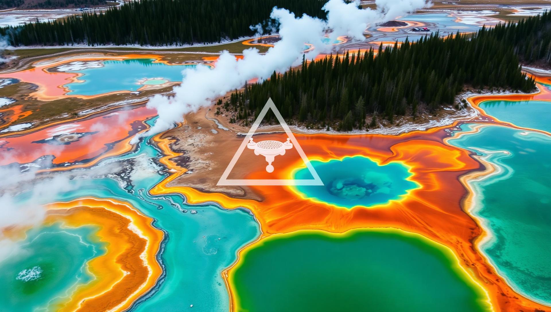 Yellowstone National Park geothermal hot springs aerial view with drone restriction warning